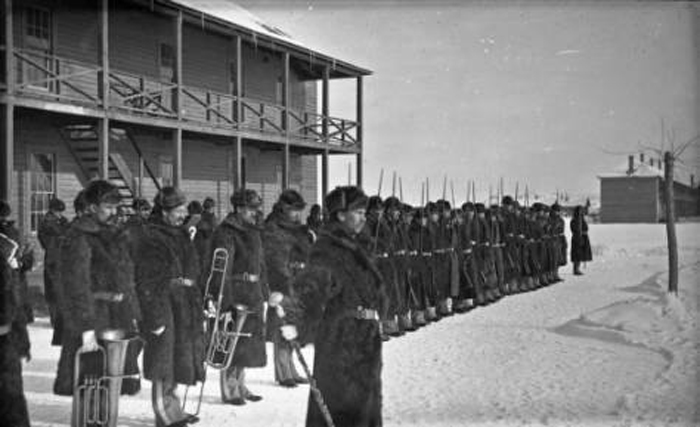 In 1876 Fort Keogh was established at the mouth of the Tongue River near present day Miles City, Montana [Band. Guard mount at Ft Keogh – in fur coats. January, 1882, PAc 981-361, Montana Historical Society Research Center Collection
